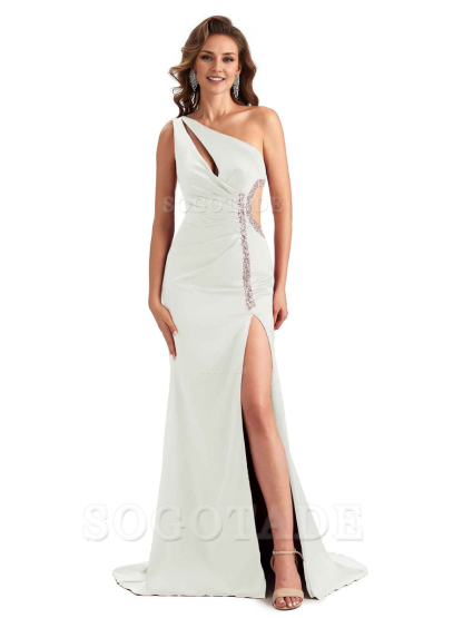 Sexy Side Slit Mermaid Soft Satin One Shoulder Lace Long Bridesmaid Dresses