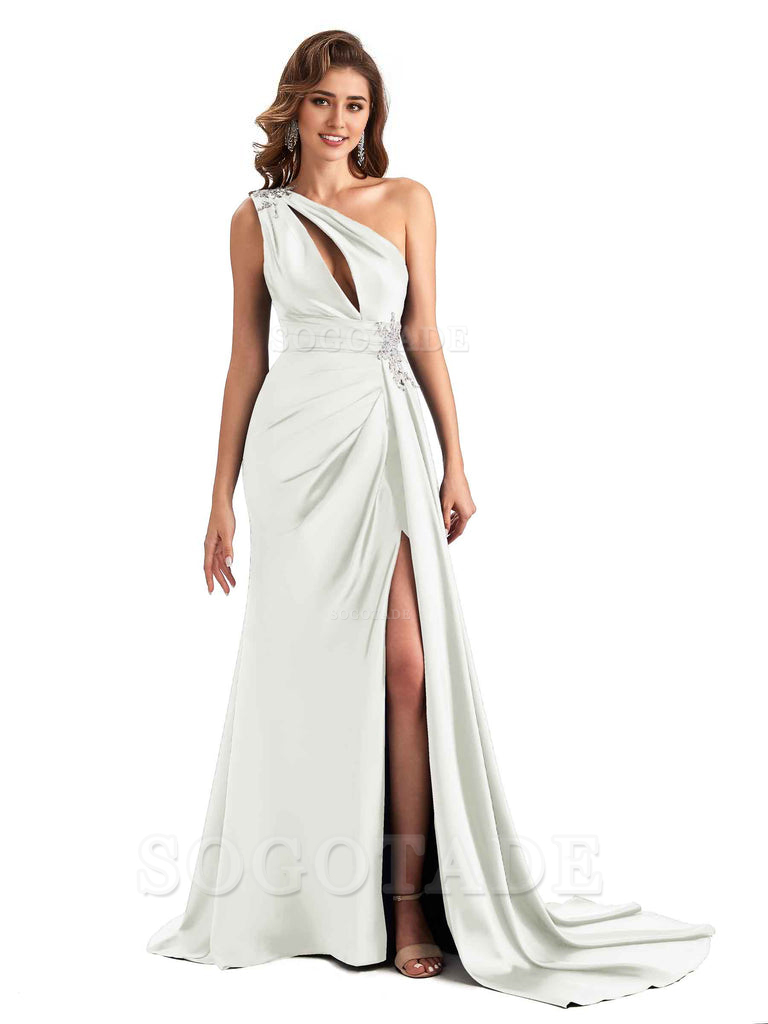 Sexy Side Slit Mermaid Soft Satin One Shoulder Lace Long Modern Bridesmaid Dresses