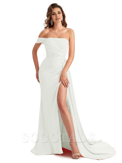 Sexy One Shoulder Side Slit Mermaid Soft Satin Long Women Bridesmaid Dresses Online