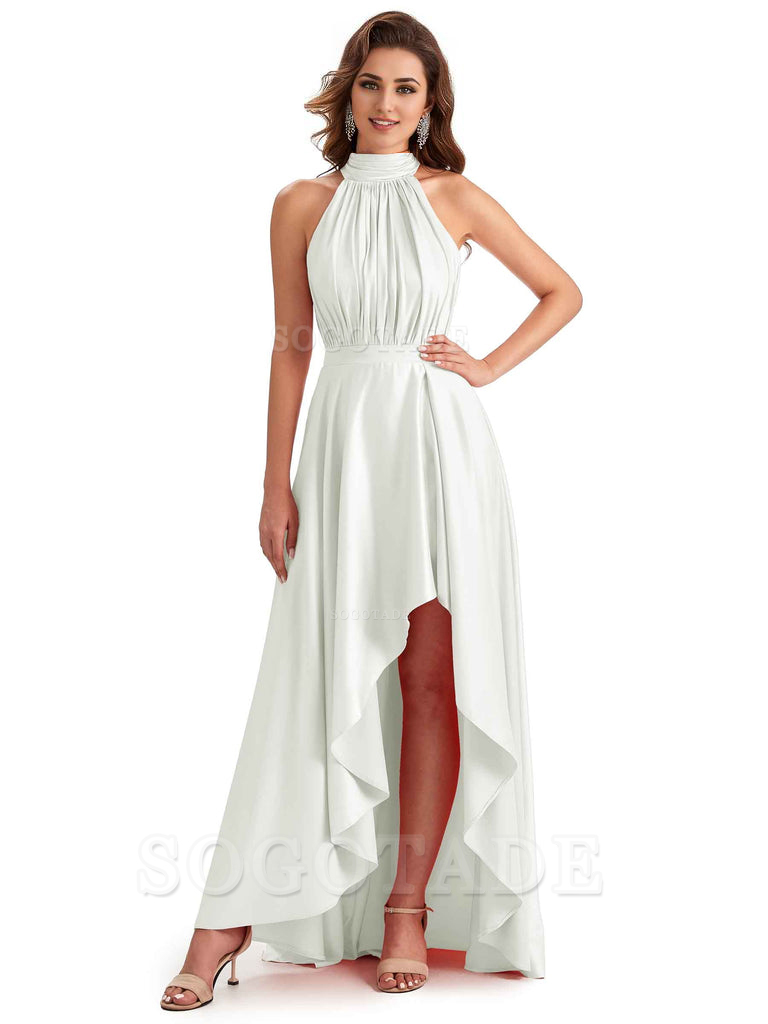 Soft Satin High Neck High Low A-Line Unique Bridesmaid Dresses Online