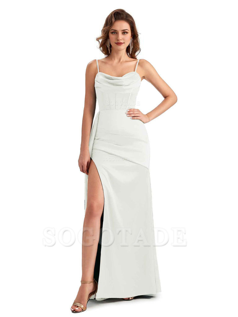 Sexy Side Slit Mermaid Silky Satin Spaghetti Straps Unique Wedding Guest Dresses