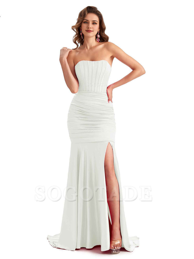 Sexy Strapless Side Slit Mermaid Silky Satin Formal Bridesmaid Dresses