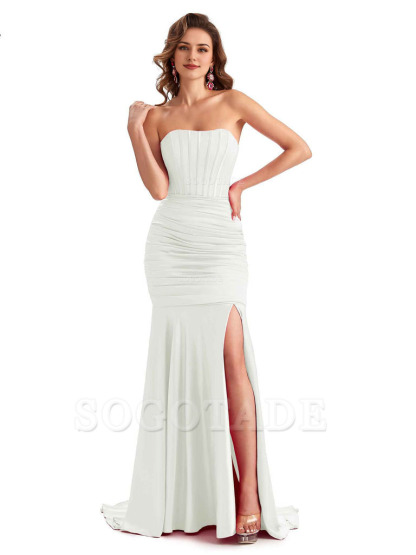 Sexy Strapless Side Slit Mermaid Silky Satin Formal Bridesmaid Dresses