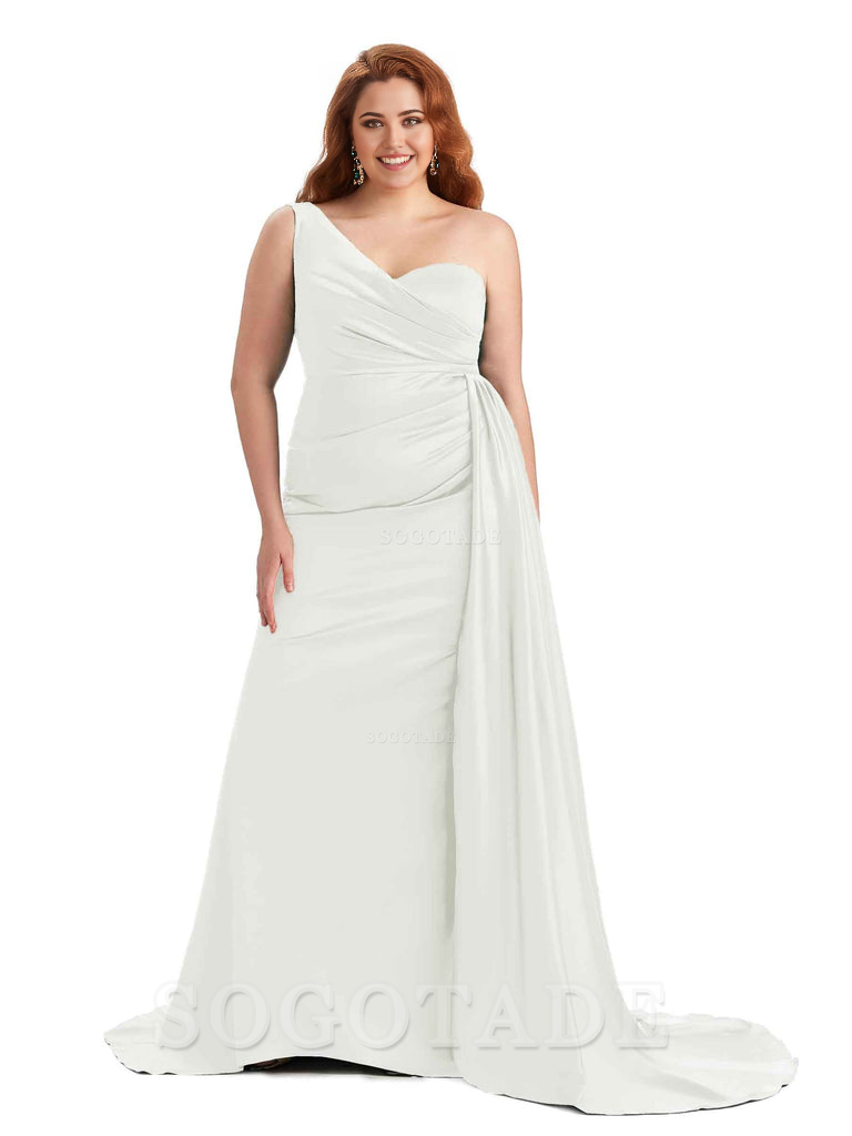 Sexy One Shoulder Sleeveless Mermaid Soft Satin Long Plus Size With Train Bridesmaid Gowns