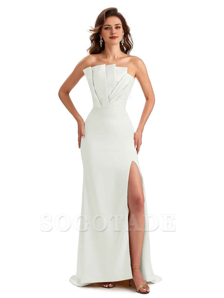 Unique Soft Satin Side Slit Asymmetrical Neckline Mermaid Long Bridesmaid Dresses