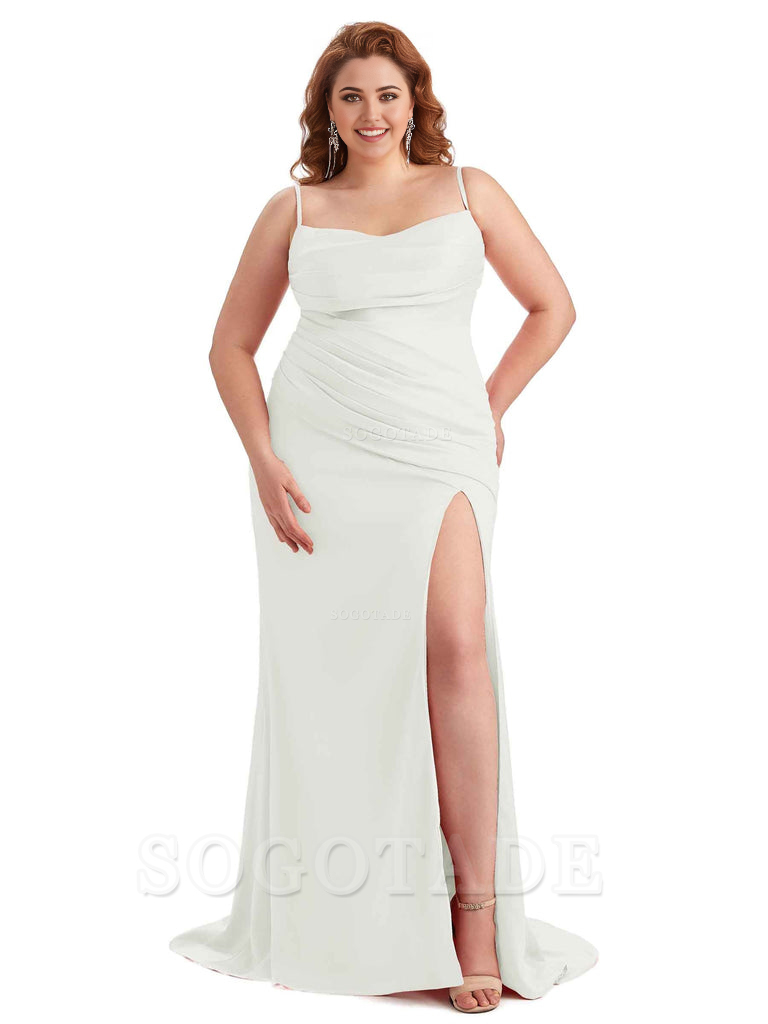 Sexy Side Slit Spaghetti Straps Mermaid Soft Satin Long Plus Size Bridesmaid Dress For Wedding