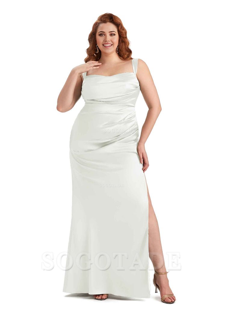 Sexy Side Slit Mermaid Wide Straps Soft Satin Long Plus Size Maid of Bridesmaid Dresses