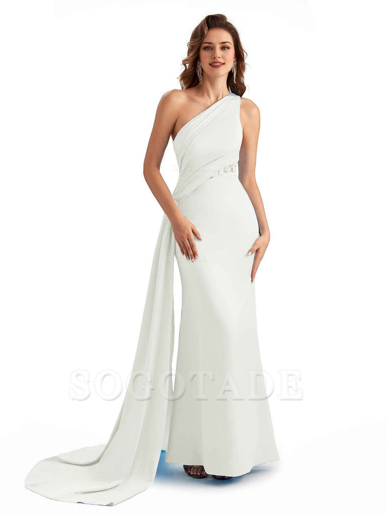 Sexy Mermaid Silky Satin One Shoulder Lace See Through Long Bridesmaid Dresses Online