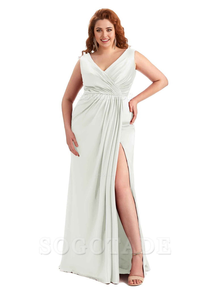 Mermaid V-Neck Satin formal dresses evening gown Bridesmaid Dresses With Side Slit 
