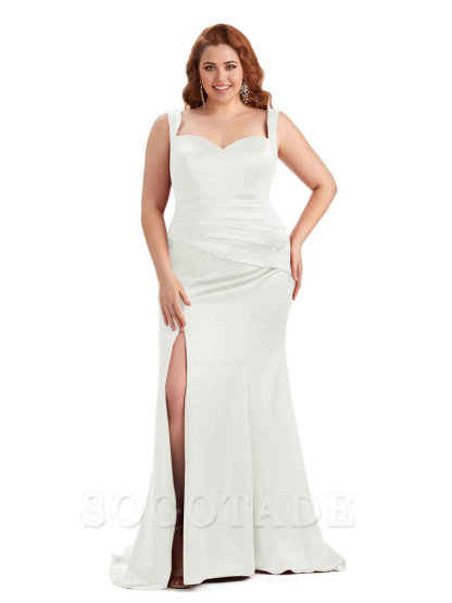 Sexy Side Slit Sleeveless Mermaid Straps Soft Satin Long Plus Size Maid of Bridesmaid Dresses