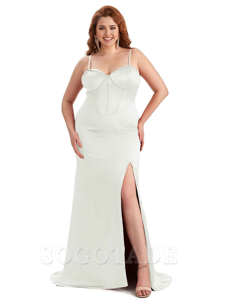 Sexy Spaghetti Straps Side Slit Sleeveless Mermaid Soft Satin Long Bridesmaid Dress Plus Size Dress To Wear to a Wedding
