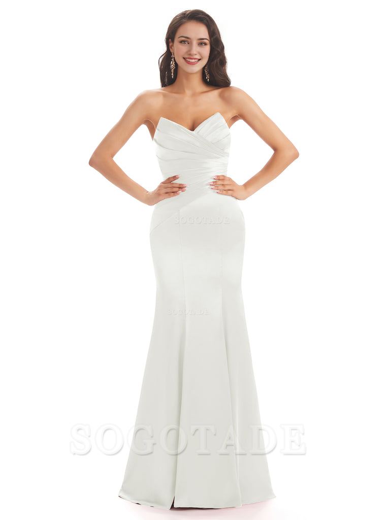 Simple Strapless Sweetheart Soft Satin Mermaid Long Bridesmaid Dresses prom shop dresses