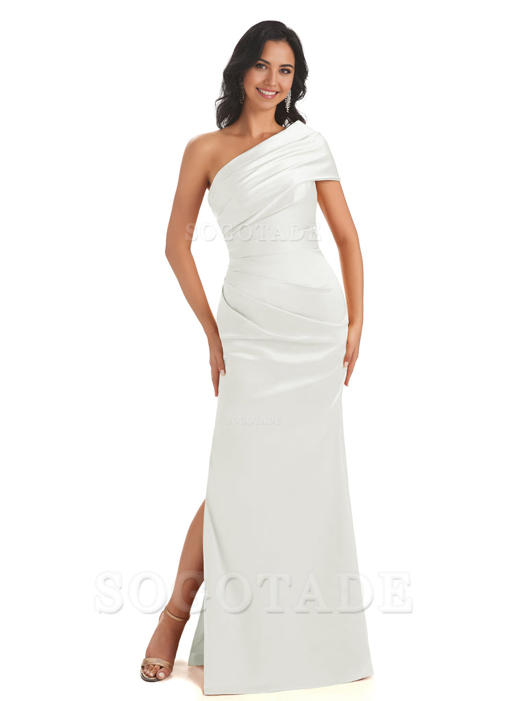 Mermaid One Shoulder Satin Long formal dresses evening gown Bridesmaid Dresses With Side Slit 