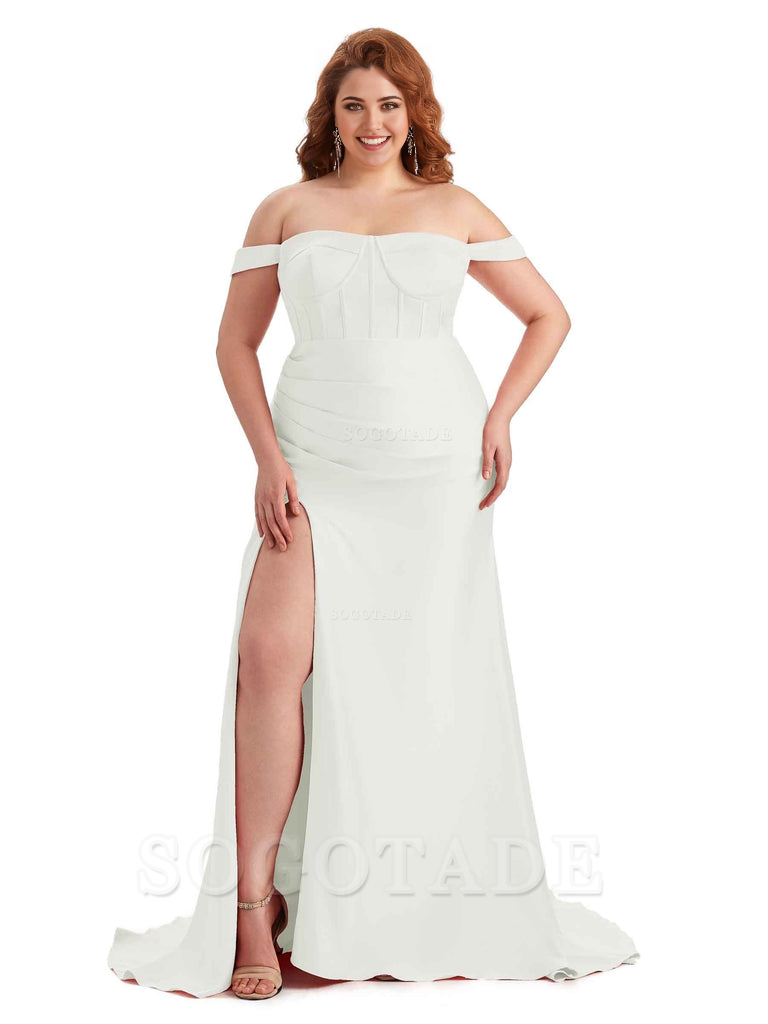 Elegant Off The Shoulder Side Slit Mermaid Soft Satin Floor Length Long Plus Size Bridesmaid Gowns