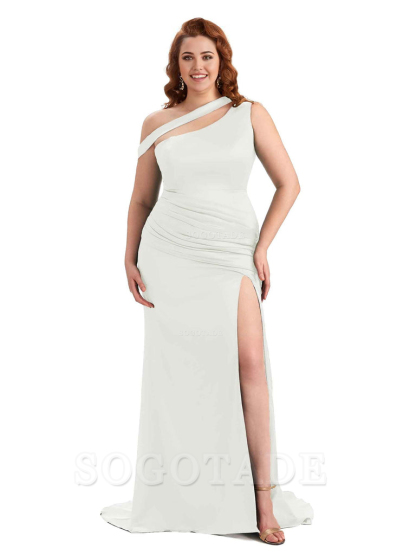 Sexy Mermaid Sleeveless One Shoulder Side Slit Soft Satin Long Plus Size Bridesmaid Dress