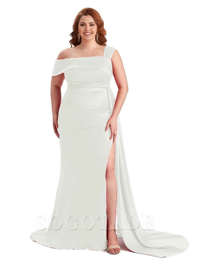 Sexy Side Hight Slit One Shoulder Mermaid Soft Satin Long Plus Size With Train Matron of Honor Dresses