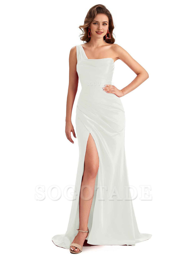 Sexy One Shoulder Side Slit Silky Satin Chic Long Mermaid Trumpet Bridesmaid Dress