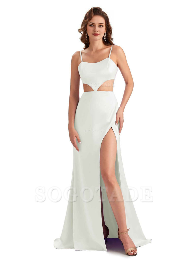 Sexy Satin Side Slit Spaghetti Straps Mermaid Long Unique Curve Wedding Guest Dresses