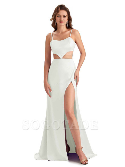Sexy Satin Side Slit Spaghetti Straps Mermaid Long Unique Curve Wedding Guest Dresses