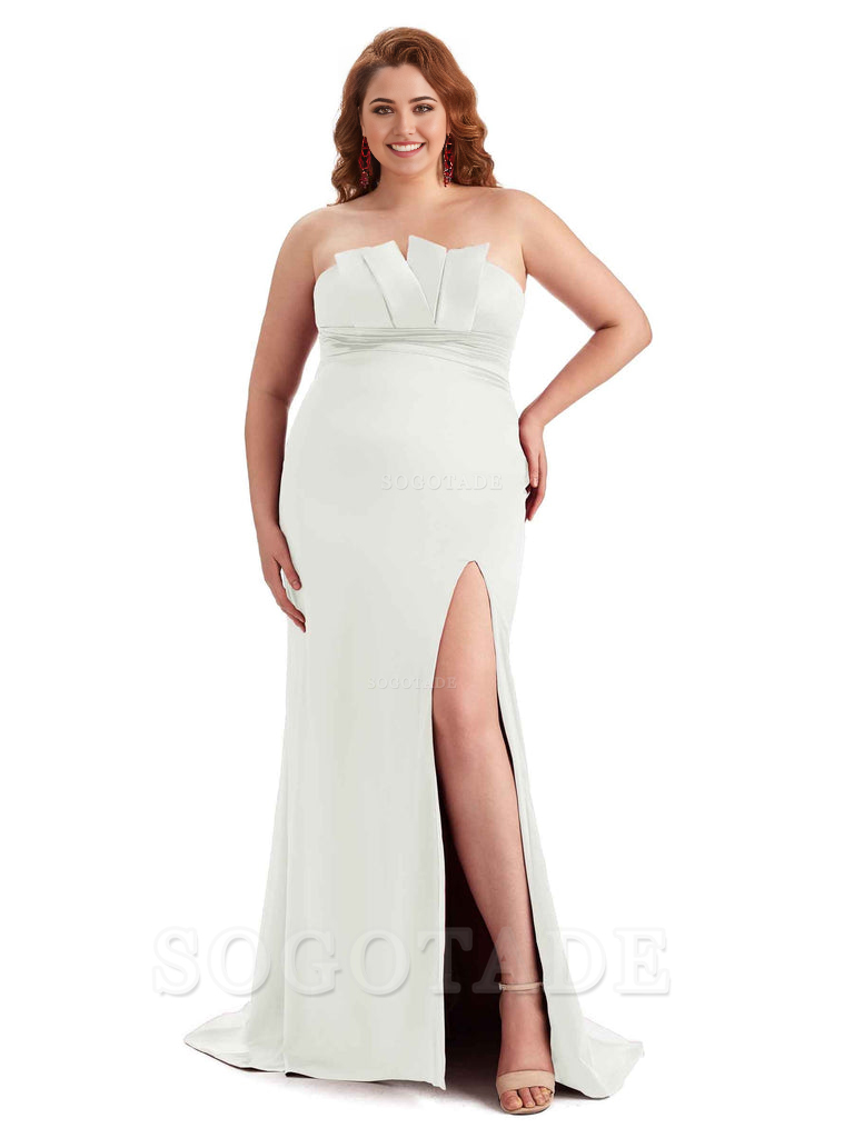 Sexy Side Slit Sleeveless Mermaid Soft Satin Long Plus Size Wedding Party Dresses For Wedding