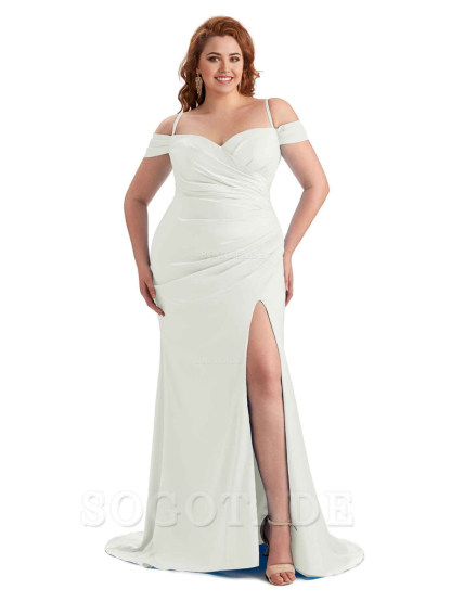 Sexy Side Slit Sleeveless Cold Shoulder Mermaid Soft Satin Long Plus Size Maid of Honor Dresses