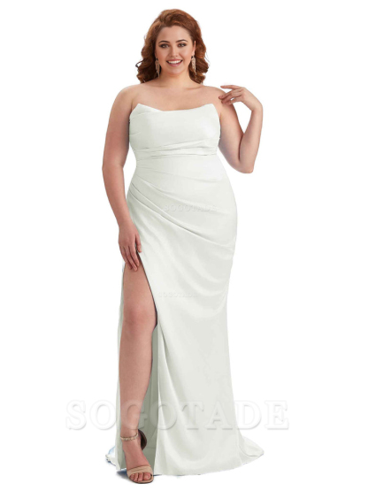 Sexy Side Slit Sleeveless Strapless Mermaid Soft Satin Long Plus Size Bridesmaid Dresses For Wedding