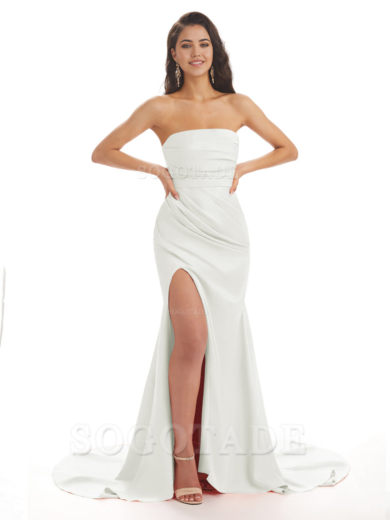 Mermaid Strapless Floor-Length Satin formal dresses evening gown Bridesmaid Dresses With Side Slit 