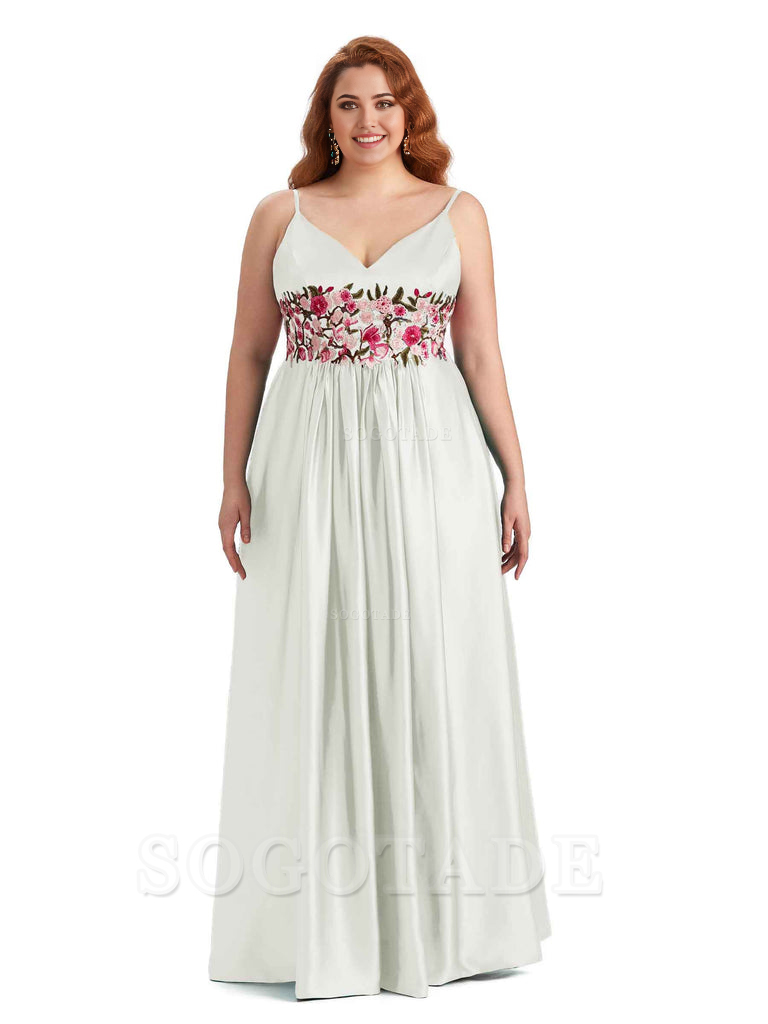 Unique Lace Spaghetti Straps Sleeveless Soft Satin Long Plus Size Bridesmaid Dress For Wedding