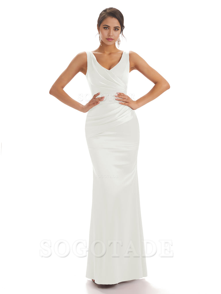 Sheath Sleeveless V-neck Floor-Length Satin formal dresses evening gown Bridesmaid Dresses With Pleats 