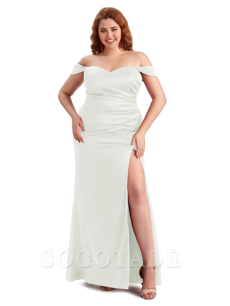 Sexy Off The Shoulder Sleeveless Side Slit Mermaid Soft Satin Long Plus Size Bridesmaid Dresses