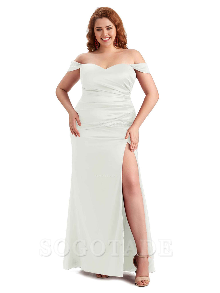 Sexy Off The Shoulder Sleeveless Side Slit Mermaid Soft Satin Long Plus Size Bridesmaid Dresses