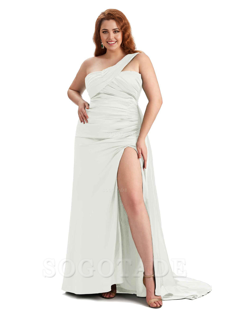  One Shoulder Sleeveless Sexy Side Hight Slit Mermaid Soft Satin Long Plus Size Bridesmaid Gowns