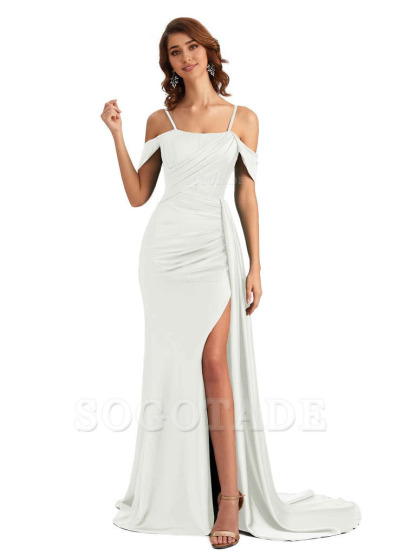 Sexy Side Slit Cold Shoulder Mermaid Satin Chic Long Wedding Guest Dresses