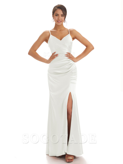 Spaghetti Straps Pleats Satin formal dresses evening gown Bridesmaid Dresses With Side Slit 
