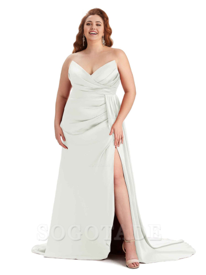 Sexy V-neck Side Slit Sleeveless Mermaid Soft Satin Long Plus Size Bridesmaid Gowns
