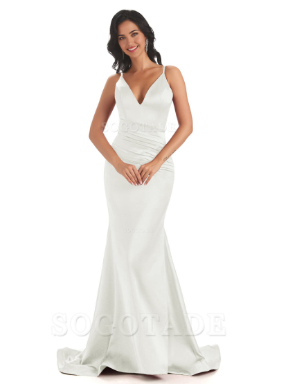 Mermaid Spaghetti V-Neck Straps Satin Long formal dresses evening gown Bridesmaid Dresses With Side Slit 