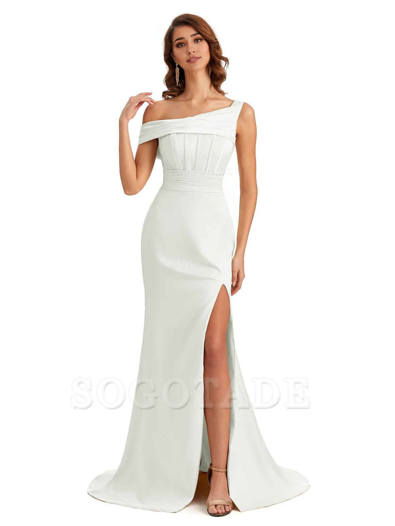 Elegant Asymmetrical Neck Soft Satin Side Slit Long Mermaid Bridesmaid Dresses