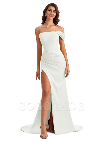 Unique One Shoulder Side Slit Satin Long Formal Dresses For Bridesmaid Dresses