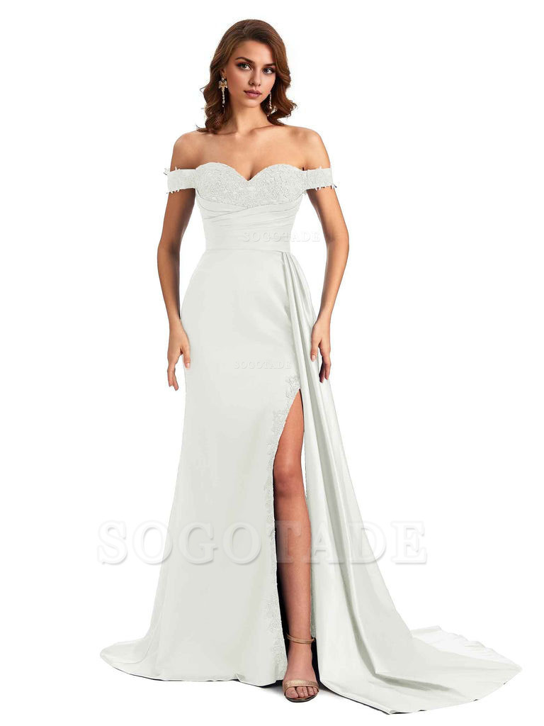 Sexy Off The Shoulder Mermaid Side Slit Silky Satin Long Bridesmaid Dress For Wedding