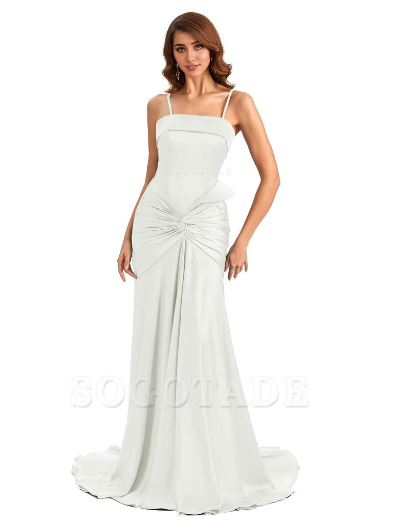 Sexy Mermaid Spaghetti Straps Silky Satin Unique Long Bridesmaid Dress For Wedding