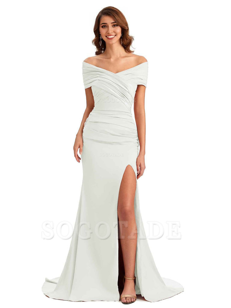 Sexy Off The Shoulder Side Slit Mermaid Satin Unique Long Formal Wedding Guest Dresses