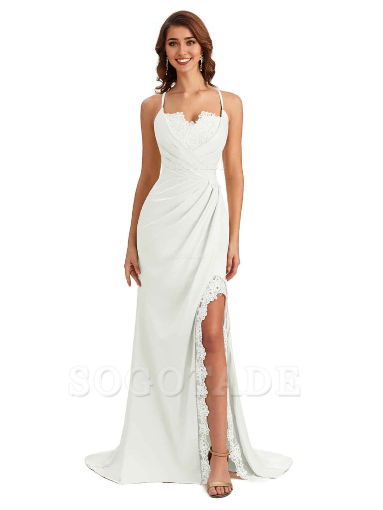 Sexy Side Slit Spaghetti Straps Lace Mermaid Silky Satin Wedding Guest Dresses