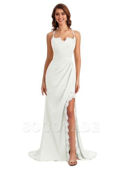 Sexy Side Slit Spaghetti Straps Lace Mermaid Silky Satin Wedding Guest Dresses