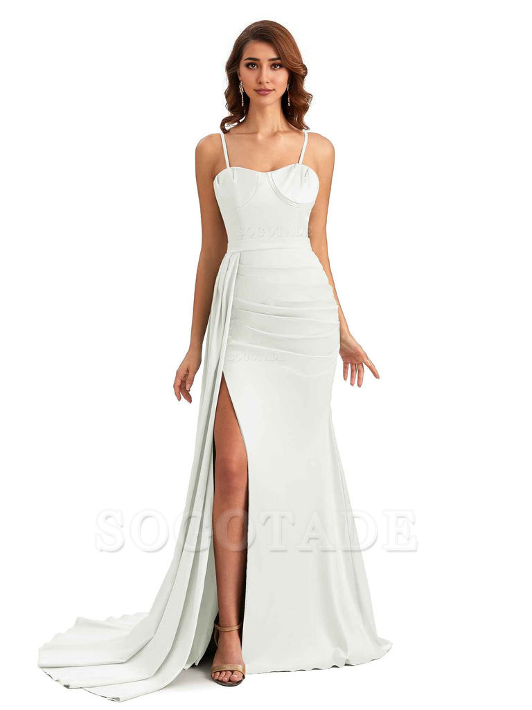 Sexy Spaghetti Straps Side Slit Mermaid Unique Long Bridesmaid Dresses In Satin