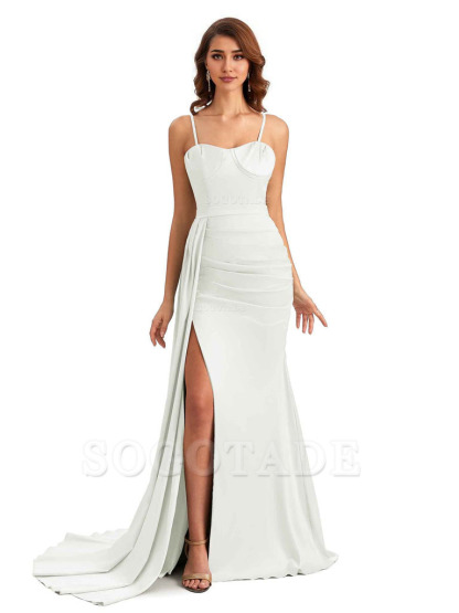 Sexy Spaghetti Straps Side Slit Mermaid Unique Long Bridesmaid Dresses In Satin
