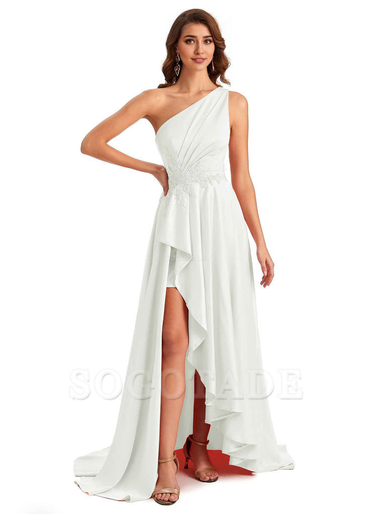 Sexy One Shoulder A-Line High Low Silky Satin Lace Long Formal Wedding Guest Dresses
