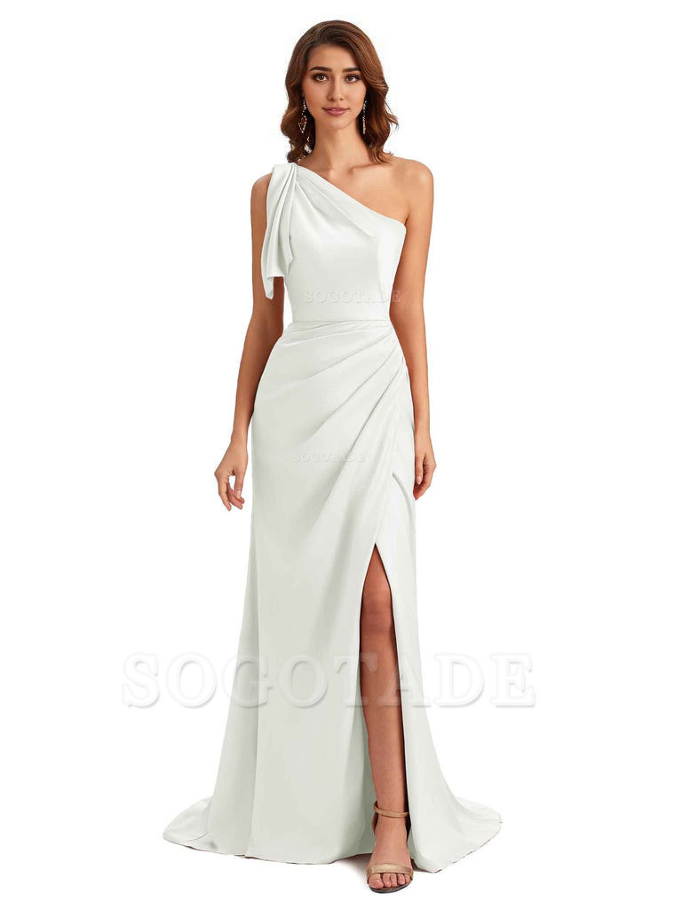 Sexy One Shoulder Mermaid Side Slit Unique Silky Satin Bridesmaid Dresses 