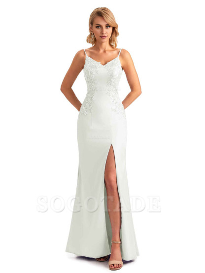 Sexy Side Split Mermaid Spaghetti Straps Soft Satin Unique Lace Long Bridesmaid Dresses