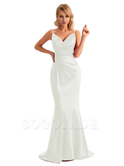  Sexy Backless Mermaid Spaghetti Straps Unique Long Formal Satin Dress For Women