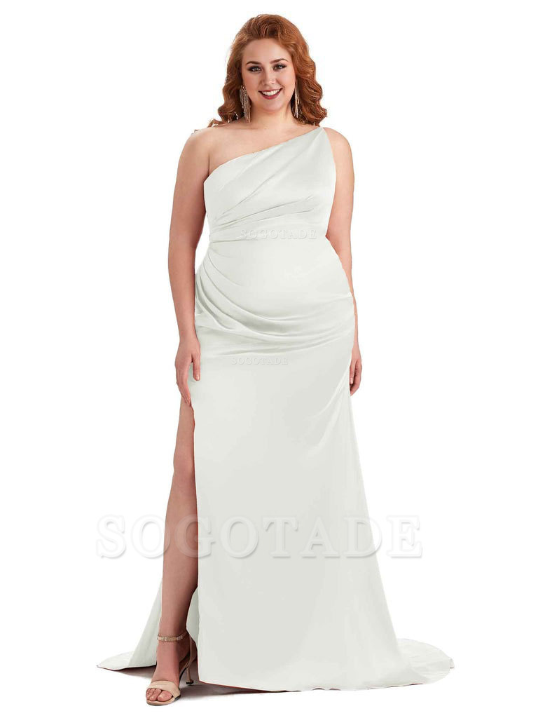 Sexy One Shoulder Side Slit Mermaid Soft Satin Long Plus Size Bridesmaid Dress For Wedding